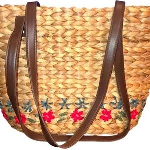 NATURAL LIFE Woven Tote with Brown Straps EUC
